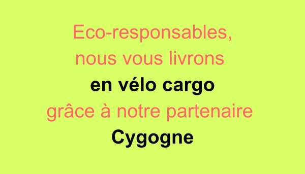 Eco-responsables, nous vous livrons en vélo cargo électrique grâce à notre partenaire Cygogne